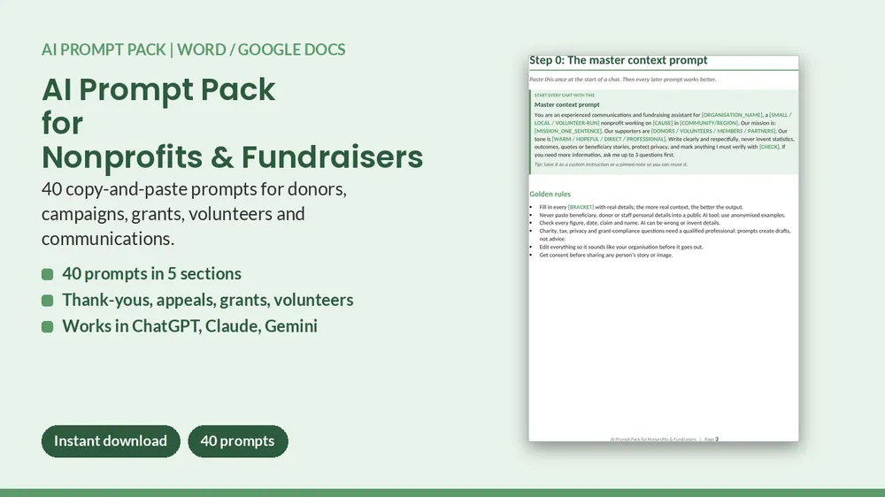 Cover of AI Prompt Pack for Nonprofits & Fundraisers - 40 Prompts