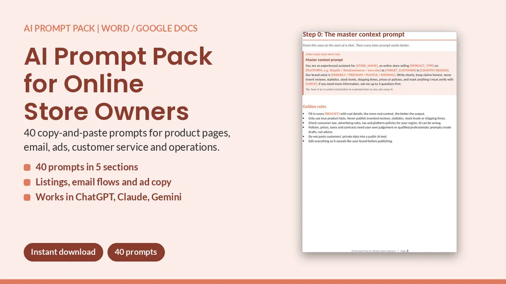 Cover of AI Prompt Pack for Online Store Owners - 40 Prompts