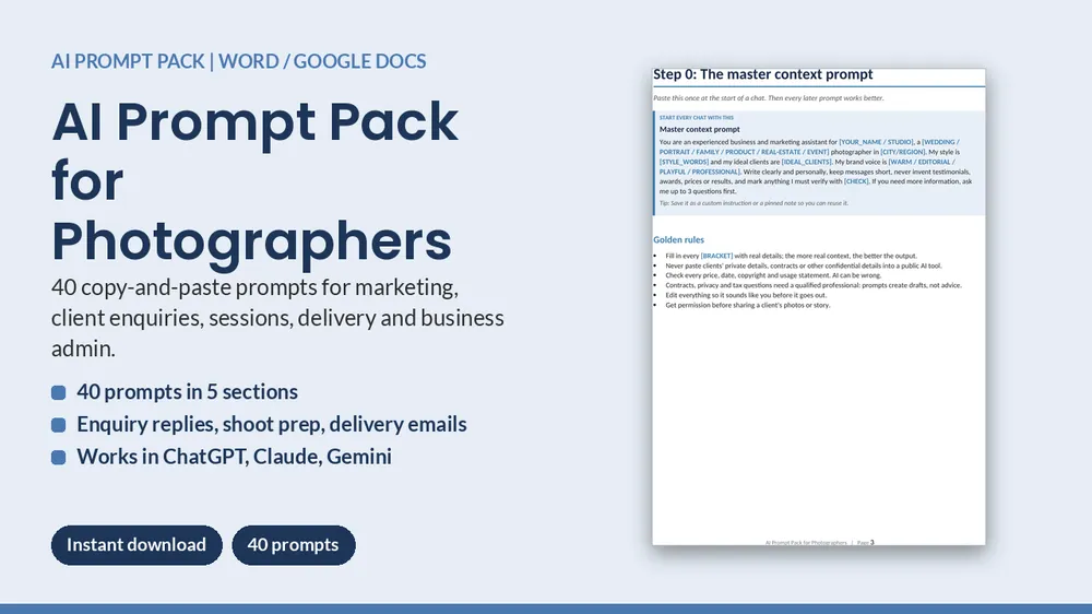 Cover of AI Prompt Pack for Photographers - 40 Business & Client Prompts