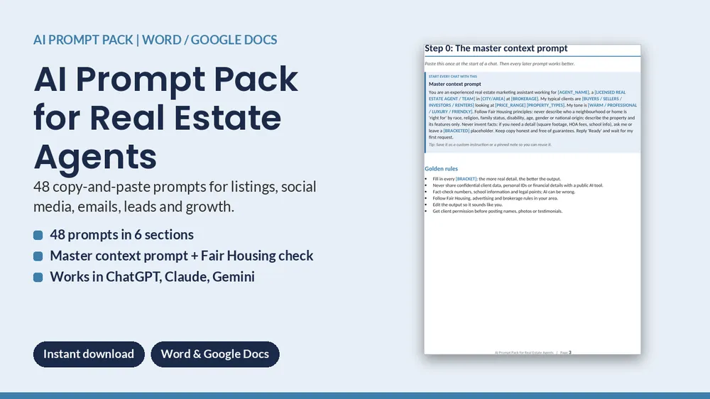 Cover of AI Prompt Pack for Real Estate Agents - 48 ChatGPT & Claude Prompts