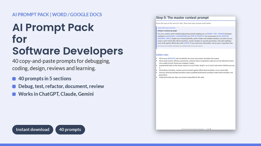 Cover of AI Prompt Pack for Software Developers - 40 Prompts