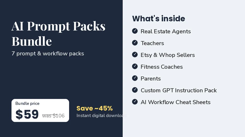 Cover of AI Prompt Packs Bundle - 7 Prompt & Workflow Packs for Work and Life