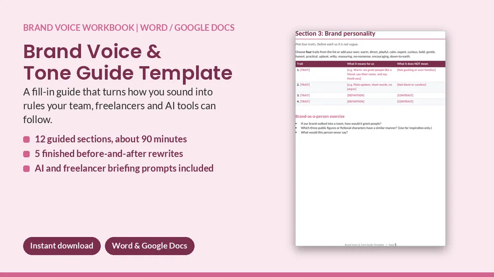 Cover of Brand Voice & Tone Guide Template - 12-Section Fill-In Workbook