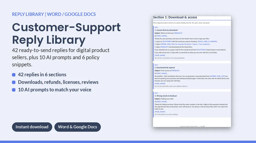 Cover of Customer-Support Reply Library - 42 Replies for Digital Sellers