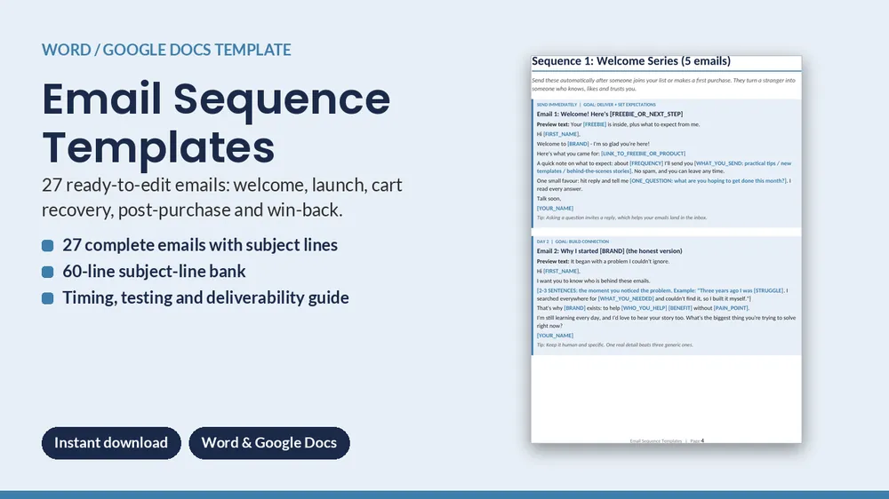 Cover of Email Sequence Templates - 27 Emails: Welcome, Sales, Win-Back (Docs)