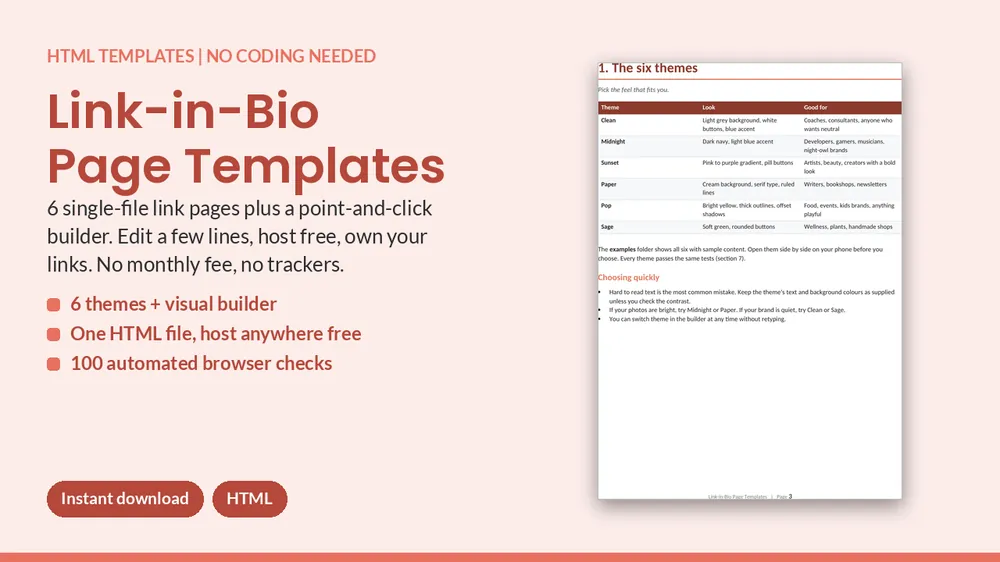 Cover of Link-in-Bio Page Templates - 6 HTML Themes + Page Builder