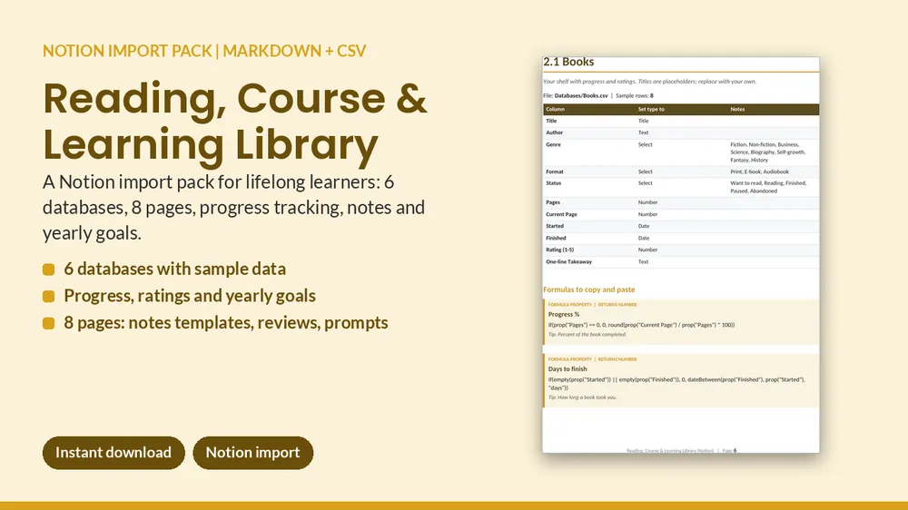 Cover of Reading, Course & Learning Library - Notion Import Pack (6 Databases)