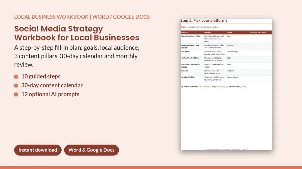 Cover of Social Media Strategy Workbook for Local Businesses - 10 Steps + 30-Day Plan
