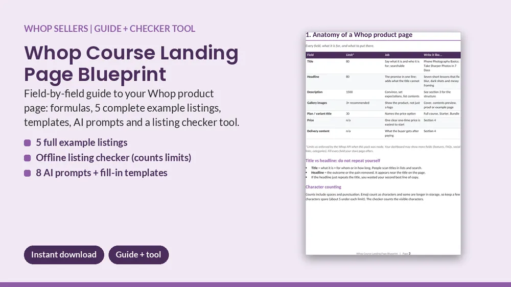 Cover of Whop Product Page Blueprint: Guide, 5 Examples & Listing Checker