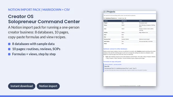 Cover of Creator OS - Solopreneur Command Center Notion Import Pack (8 Databases)