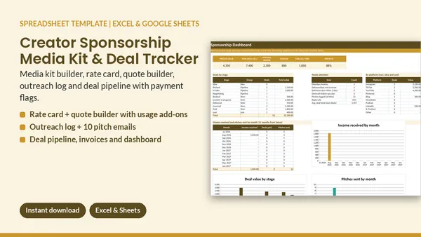 Cover of Creator Sponsorship Media Kit & Deal Tracker - Excel & Google Sheets