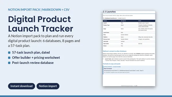 Cover of Digital Product Launch Tracker - Notion Import Pack with 57-Task Plan