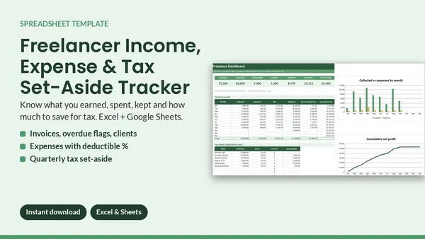 Cover of Freelancer Income, Expense & Tax Set-Aside Tracker - Excel & Google Sheets