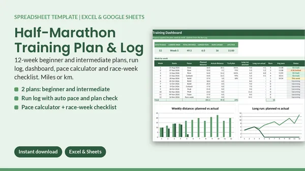 Cover of Half-Marathon Training Plan & Log - Excel & Google Sheets