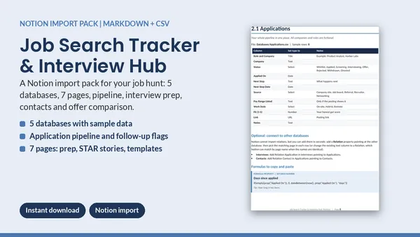 Cover of Job Search Tracker & Interview Hub - Notion Import Pack