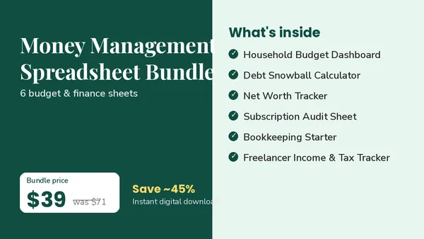 Cover of Money Management Spreadsheet Bundle - 6 Budget & Finance Sheets