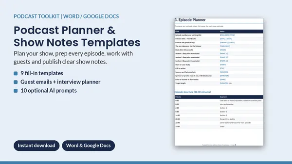 Cover of Podcast Planner & Show Notes Templates - Episode, Guest & Release Kit