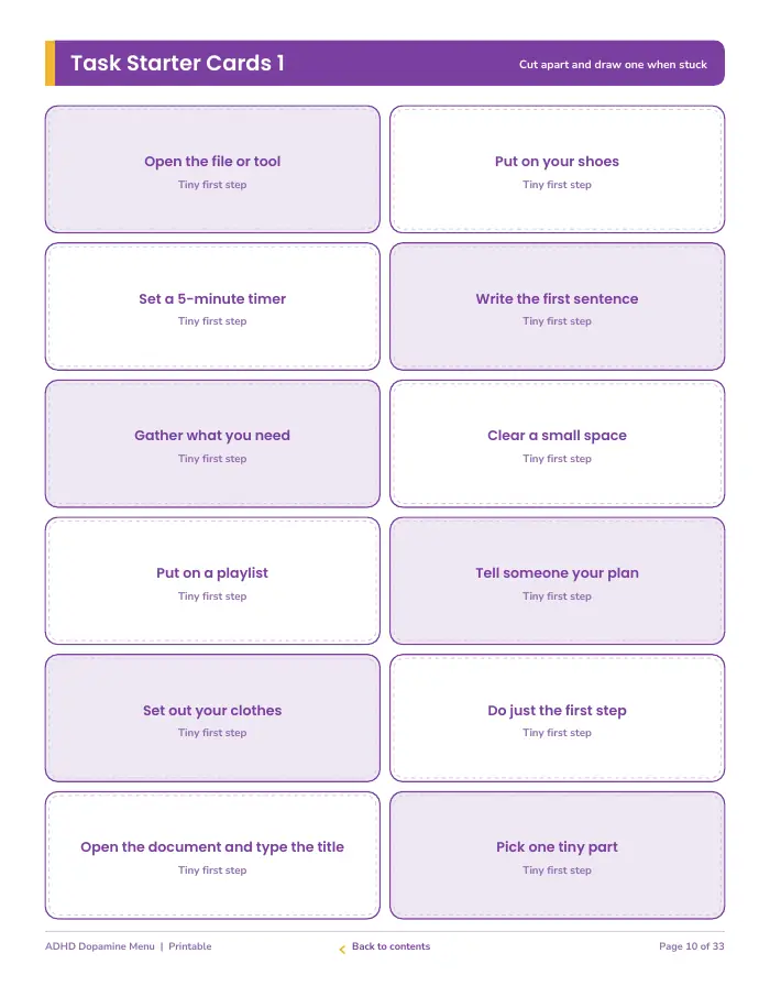 Inside page 1 of ADHD Dopamine Menu & Task Starter Cards