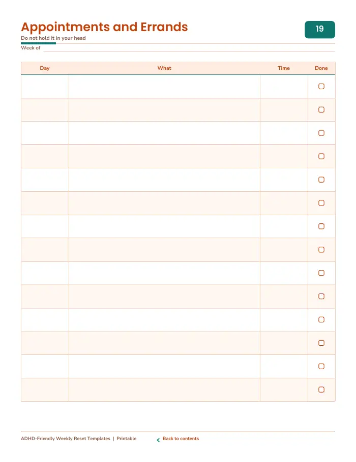 Inside page 2 of ADHD Weekly Reset Templates