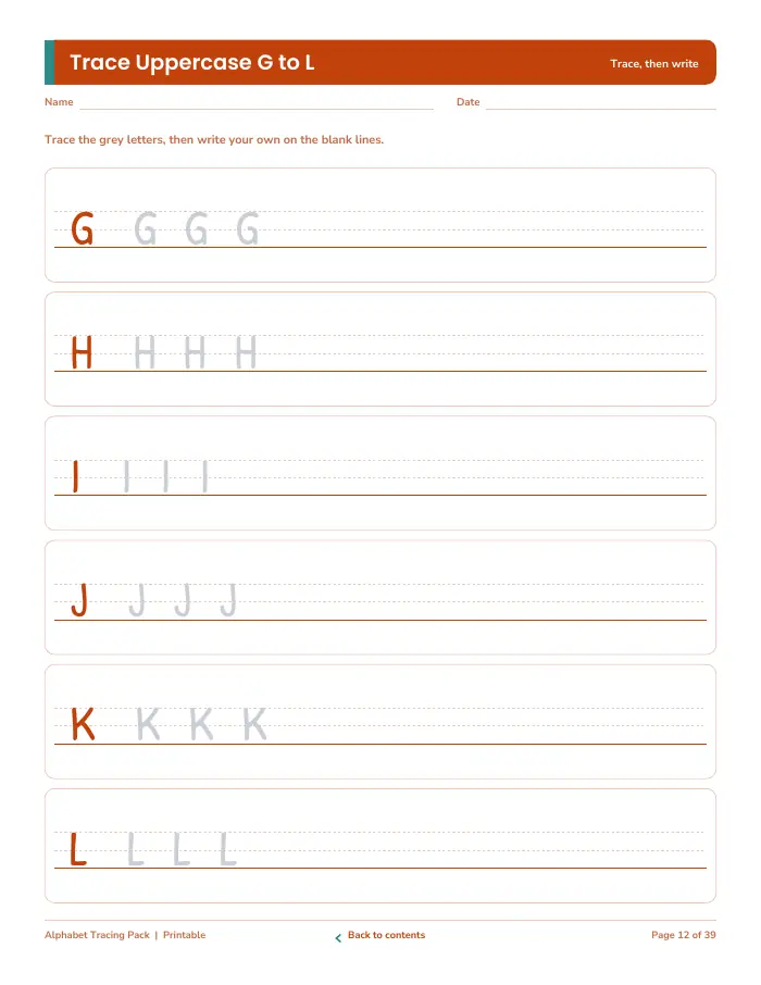 Inside page 1 of Alphabet Tracing Pack