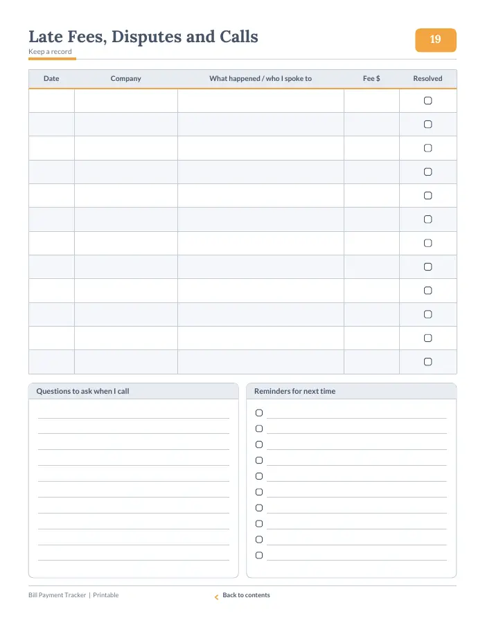 Inside page 2 of Bill Payment Tracker