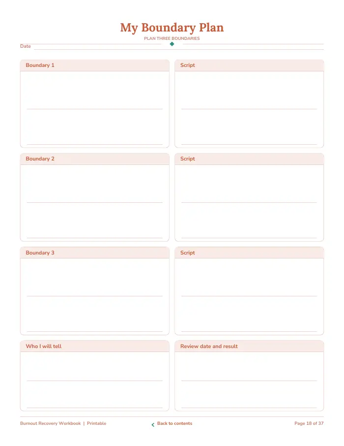 Inside page 2 of Burnout Recovery Check-In Workbook