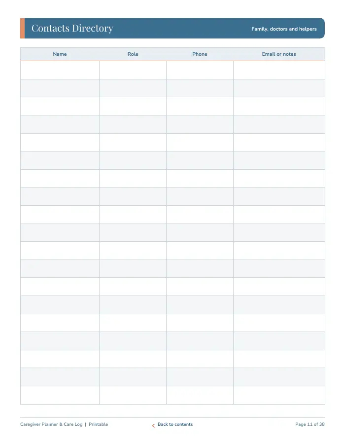 Inside page 1 of Caregiver Planner & Care Log