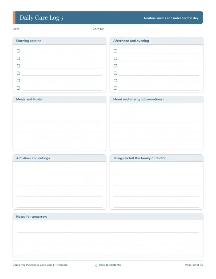 Inside page 2 of Caregiver Planner & Care Log