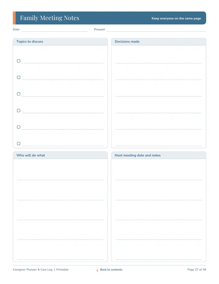Inside page 3 of Caregiver Planner & Care Log
