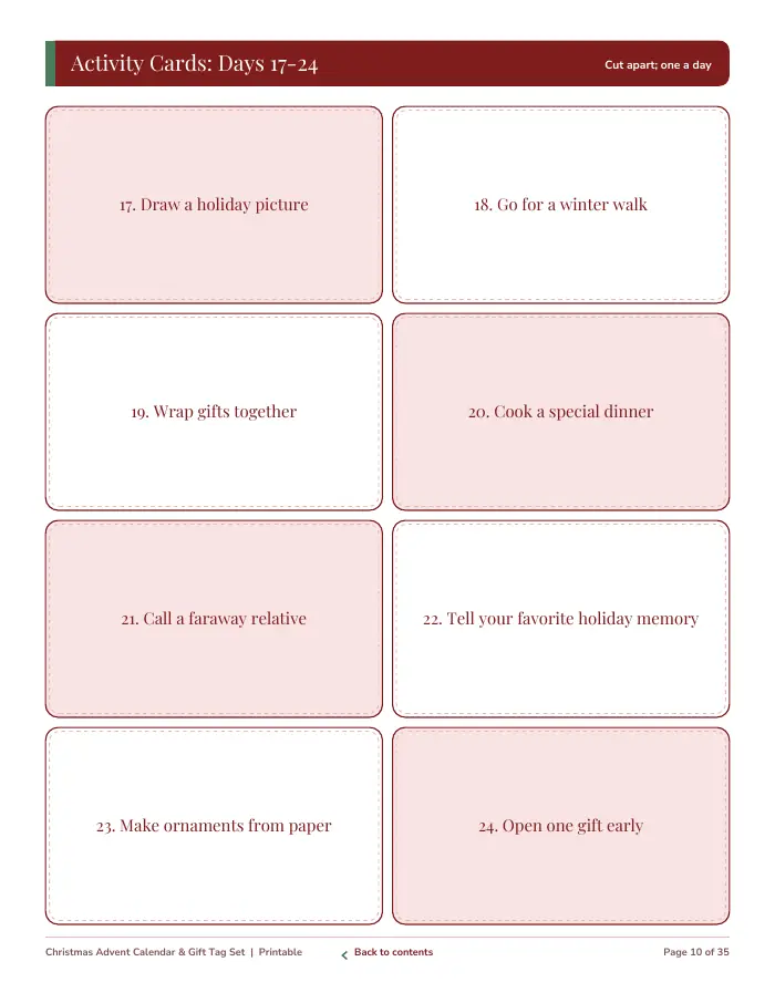 Inside page 1 of Christmas Advent Calendar & Gift Tag Set