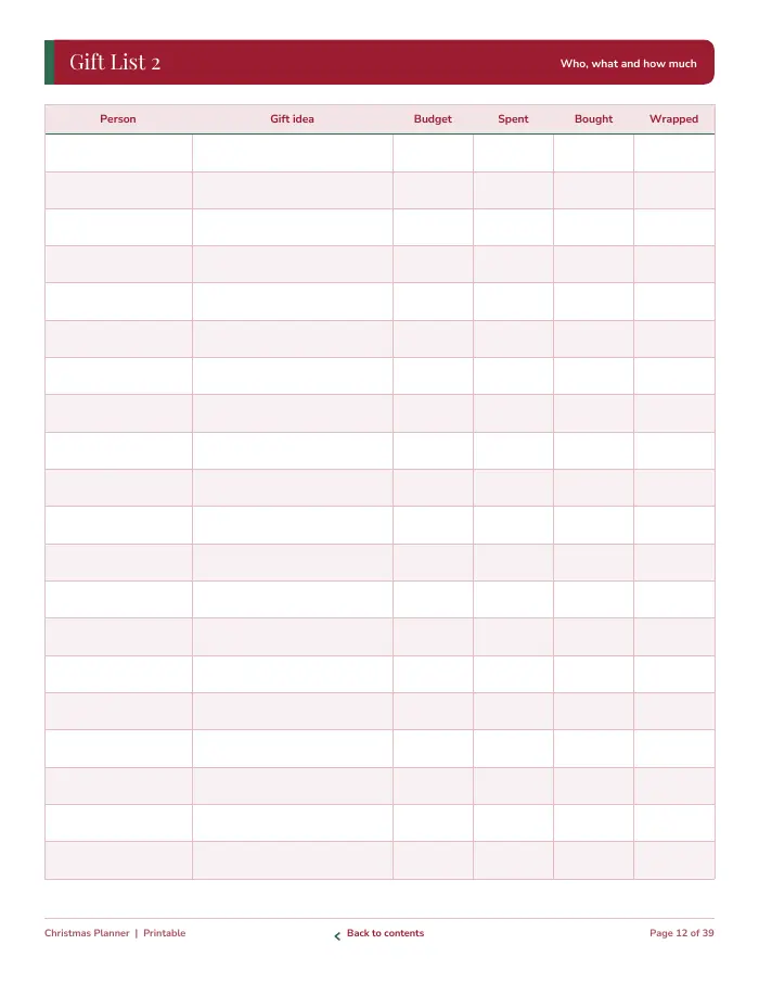 Inside page 1 of Christmas Planner