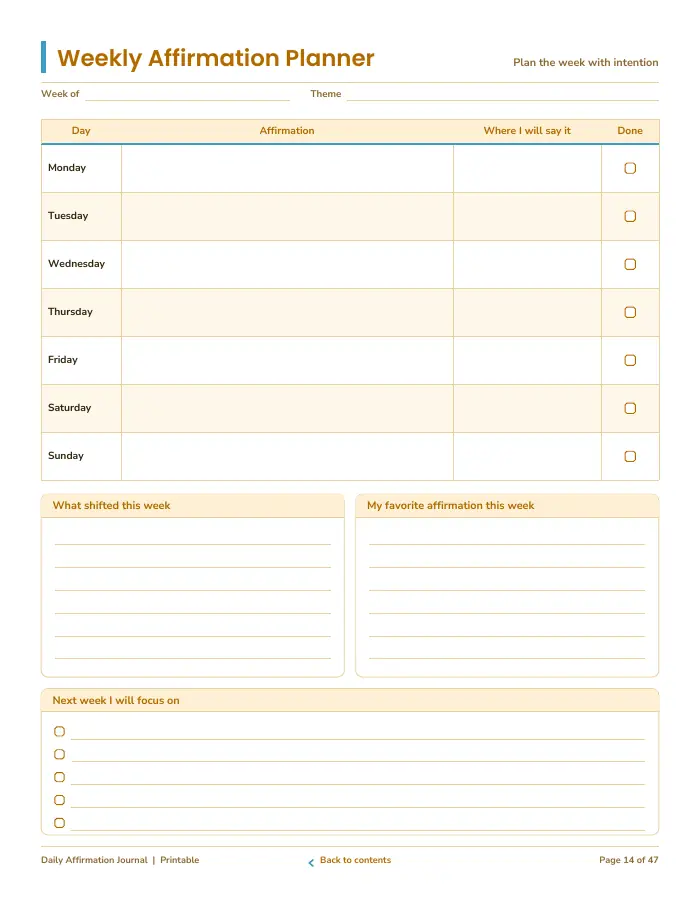 Inside page 1 of Daily Affirmation Journal