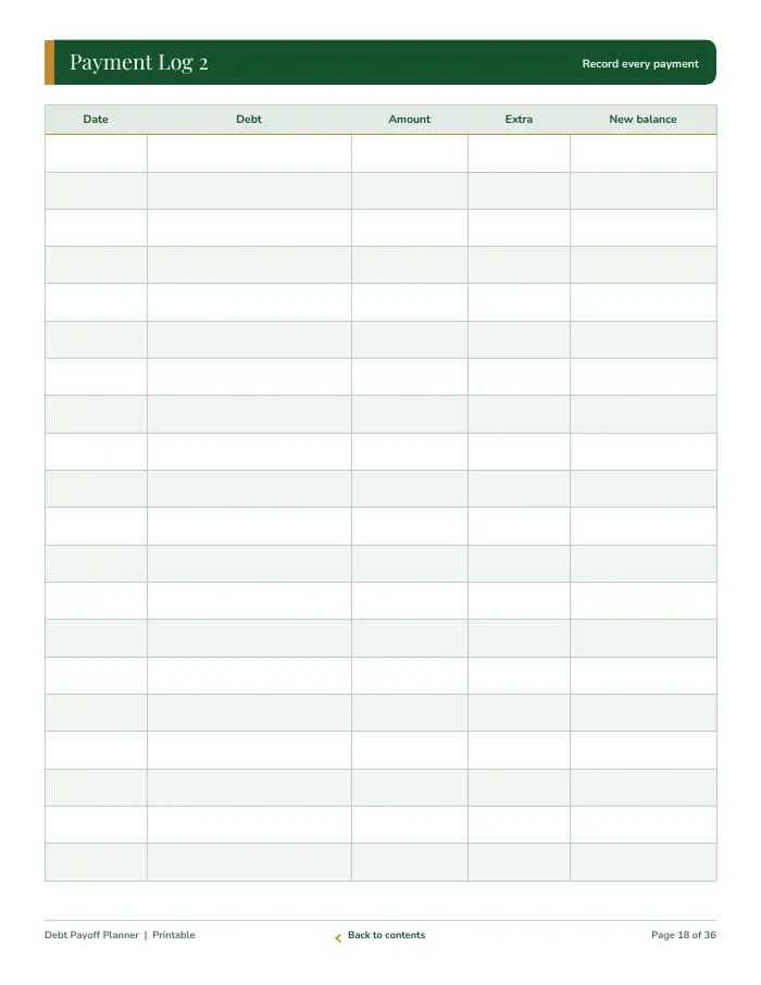 Inside page 2 of Debt Payoff Planner