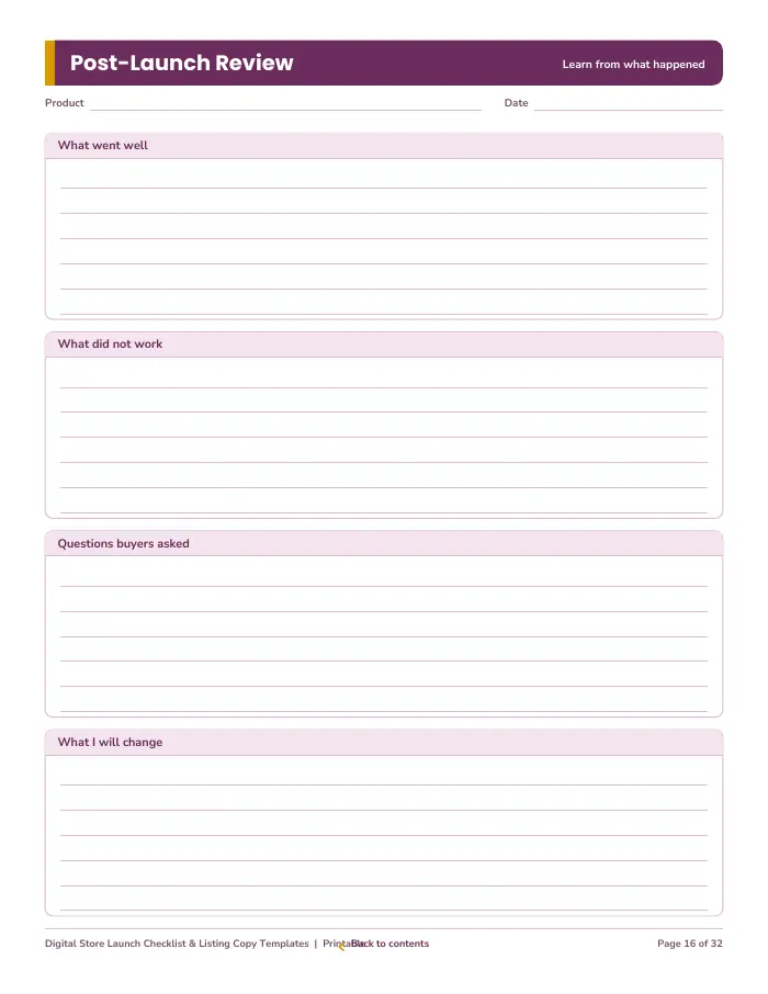 Inside page 2 of Digital Store Launch Checklist & Listing Copy Templates