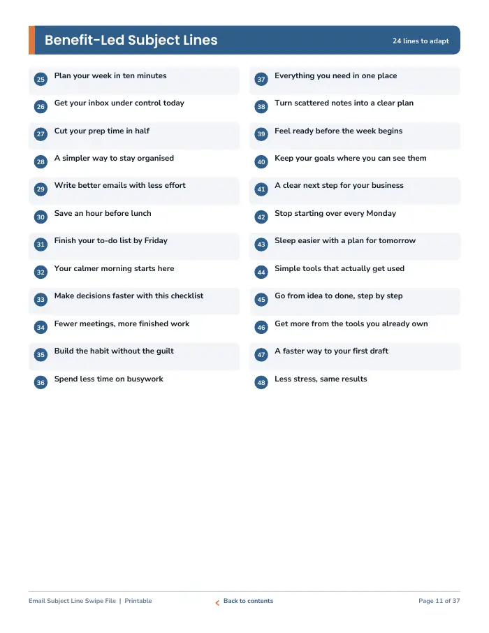 Inside page 1 of Email Subject Line Swipe File