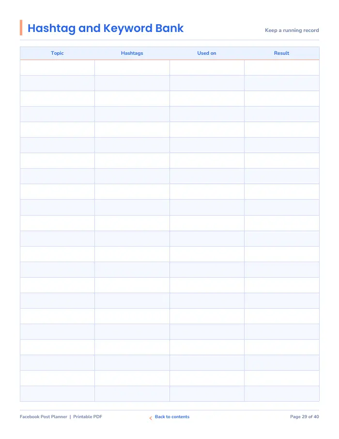Inside page 3 of Facebook Post Planner