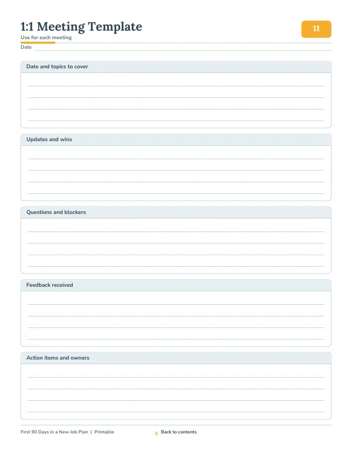 Inside page 1 of First 90 Days in a New Job Plan