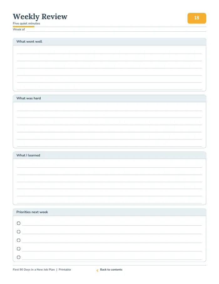 Inside page 2 of First 90 Days in a New Job Plan