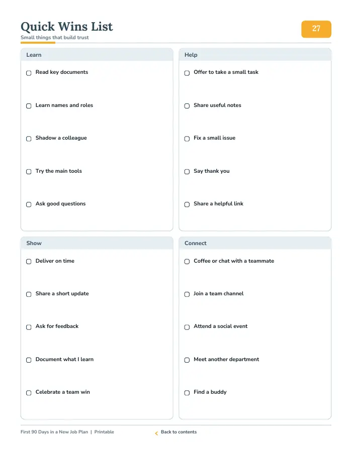 Inside page 3 of First 90 Days in a New Job Plan