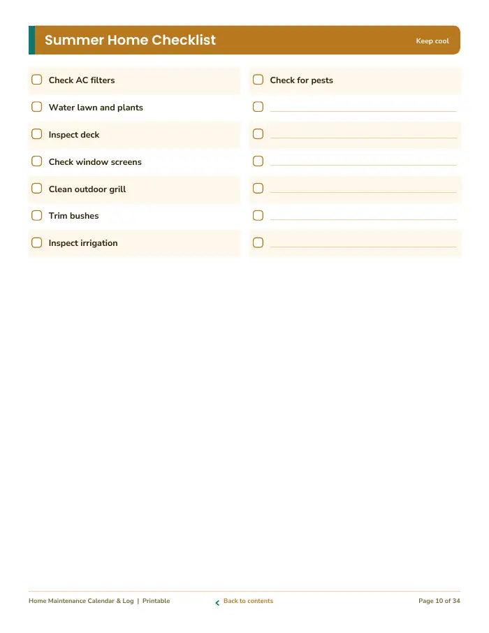 Inside page 1 of Home Maintenance Calendar & Log