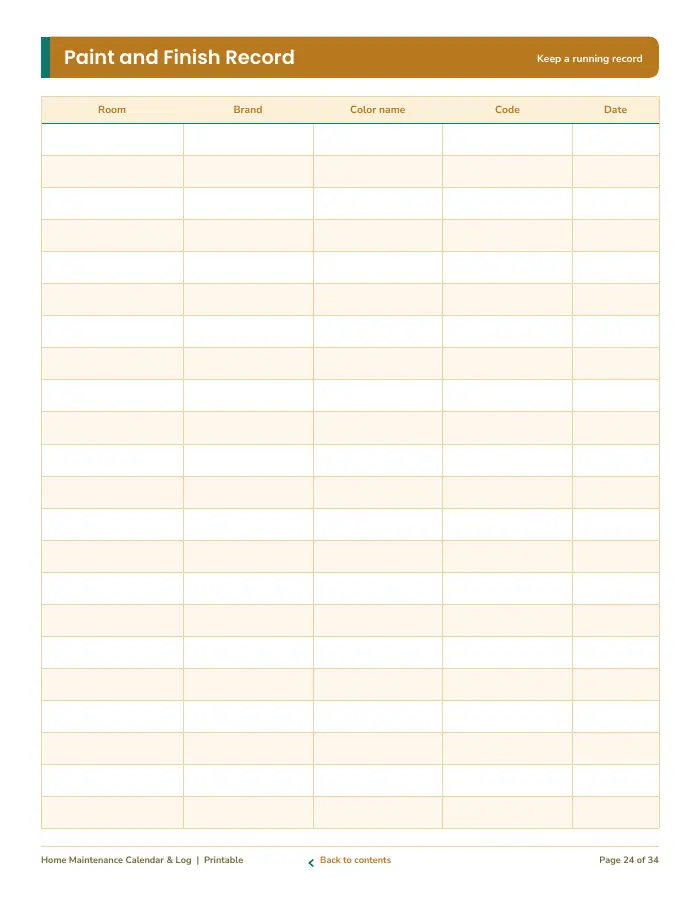 Inside page 3 of Home Maintenance Calendar & Log