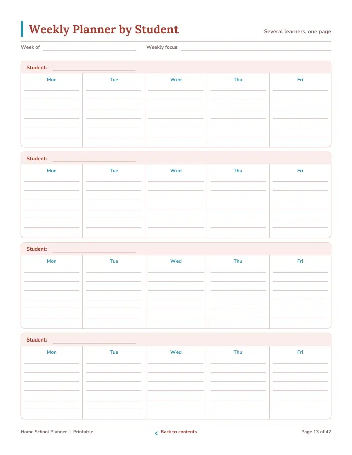 Inside page 1 of Home School Planner