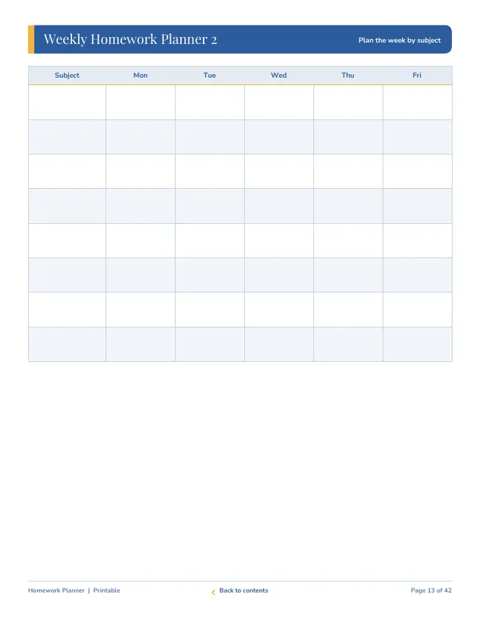 Inside page 1 of Homework Planner