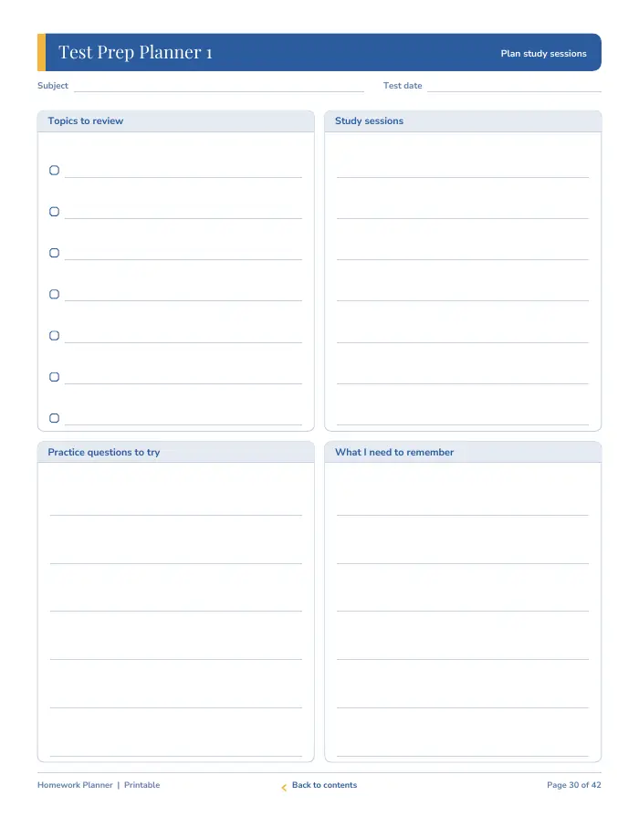 Inside page 3 of Homework Planner