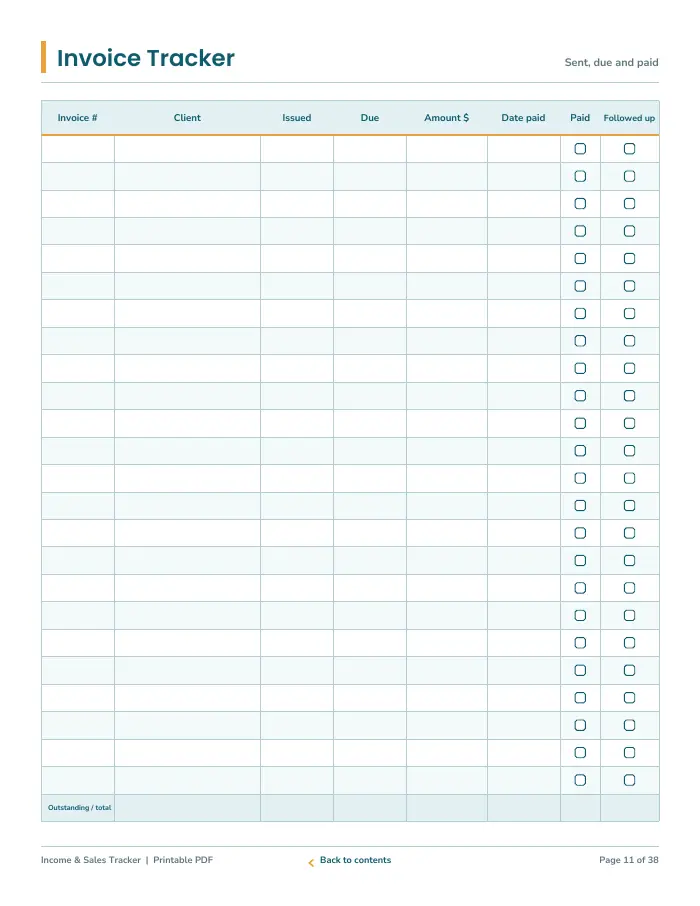 Inside page 1 of Income & Sales Tracker