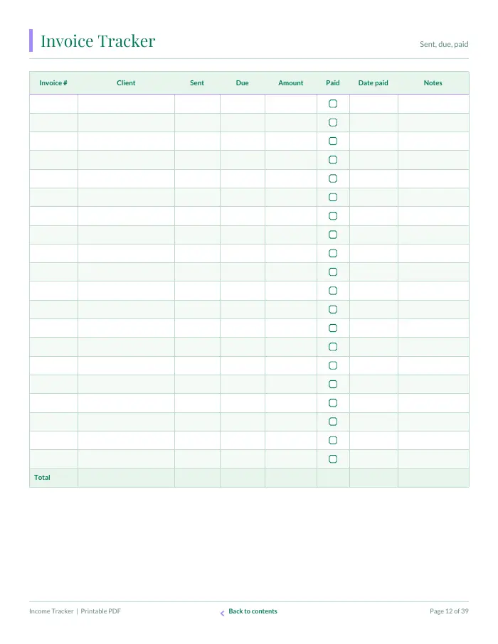Inside page 1 of Income Tracker