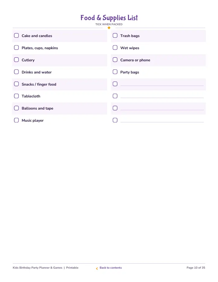 Inside page 1 of Kids Birthday Party Planner & Games
