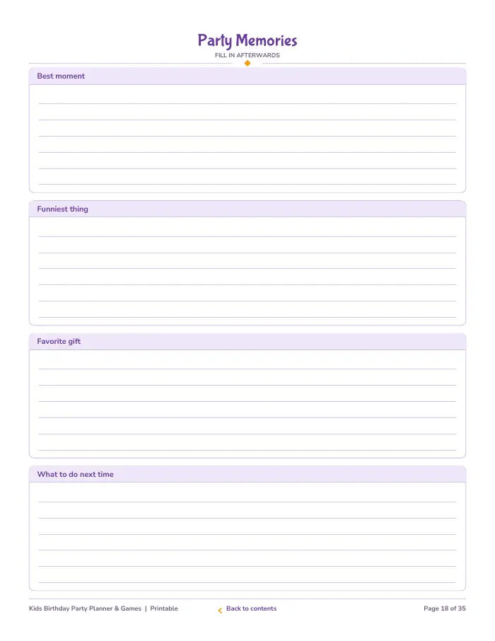 Inside page 2 of Kids Birthday Party Planner & Games