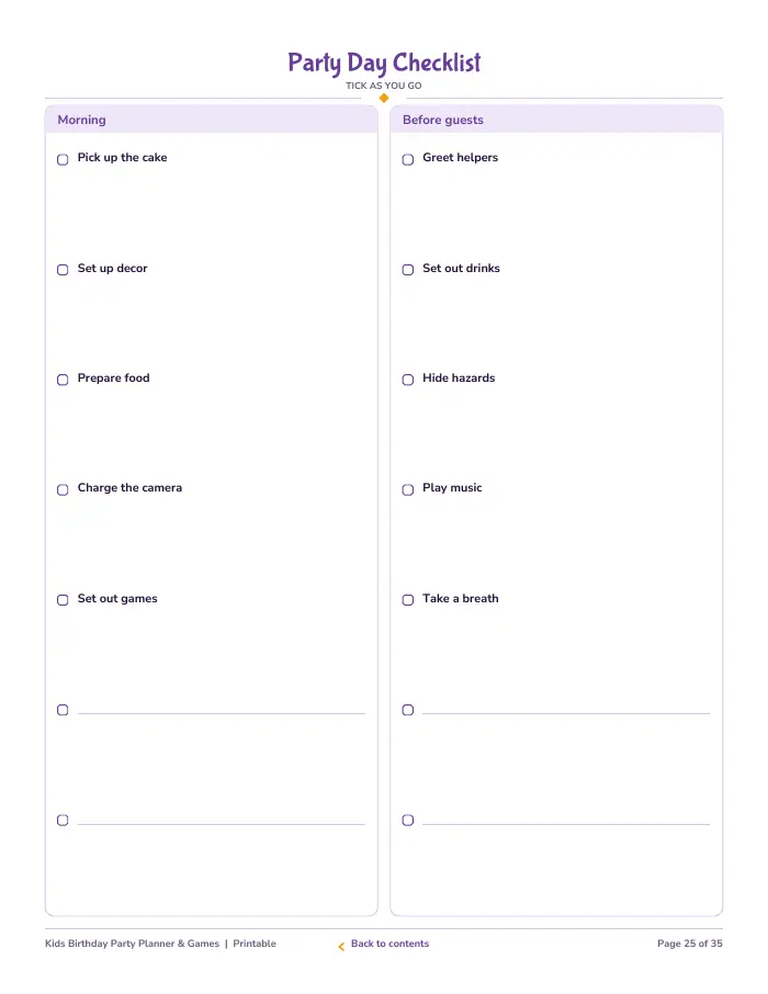 Inside page 3 of Kids Birthday Party Planner & Games