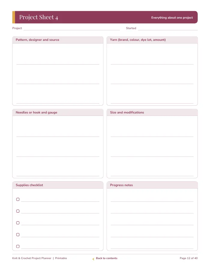 Inside page 1 of Knit & Crochet Project Planner